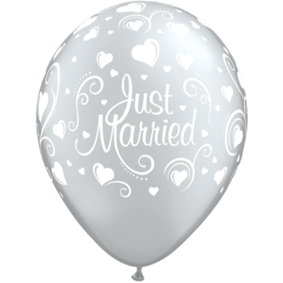 Qualatex Printed Latex 25/28cm (11") Just Married Hearts (Silver) (Discontinued)