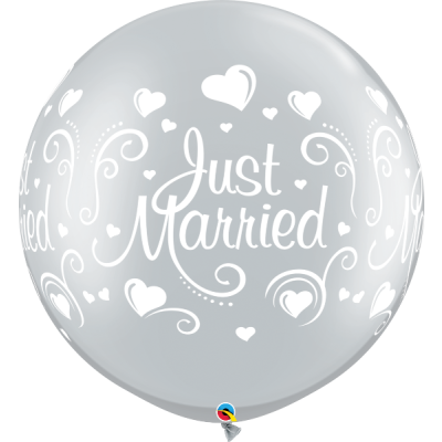 Qualatex Printed Latex 2/90cm (3ft) Just Married Hearts Wrap (Metallic Silver) (Discontinued)