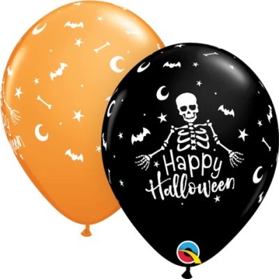 Qualatex Printed Latex 50/28cm (11") Round Orange & Black Happy Halloween Skeleton 