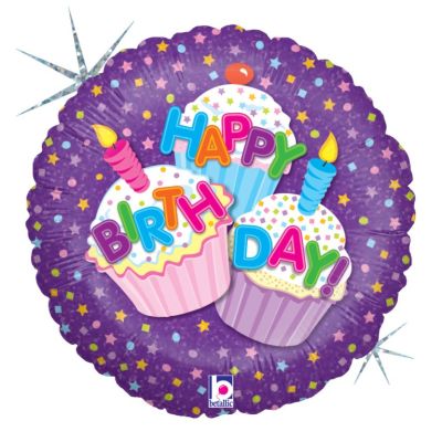 Betallic Holographic Foil 45cm (18&quot;) Happy Birthday Cupcake (Discontinued)