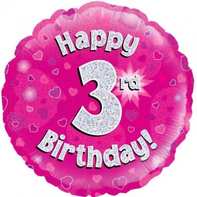 Oaktree Foil 45cm Happy 3rd Birthday Pink Holographic