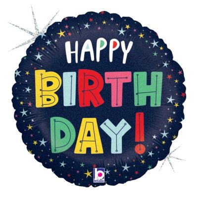 Betallic Holographic Microfoil 22cm (9&quot;) Birthday Colorful Stars - Air fill (unpackaged)