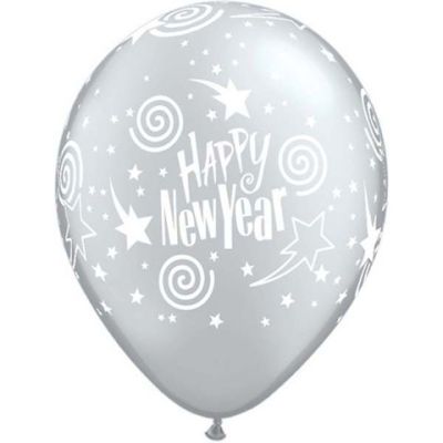 Qualatex Printed Latex 50/28cm (11&quot;) New Year&#039;s Swirling Stars Silver (Discontinued)