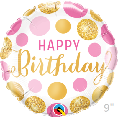 Qualatex Micro-Foil 22cm (9") Birthday Pink and Gold dots (Air Fill & Unpackaged)