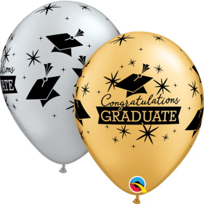 Qualatex Printed Latex 25/28cm (11") Congratulations Graduate Caps - Silver & Gold