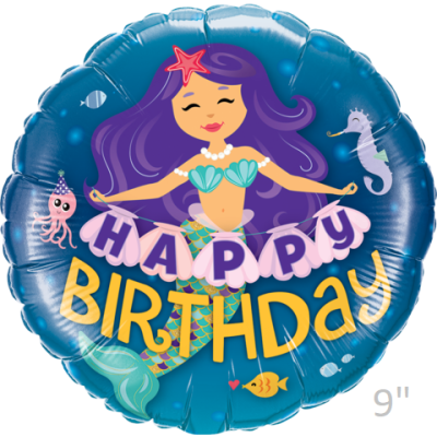 Qualatex Micro-Foil 22cm (9") Happy Birthday Mermaid (Air Fill & Unpackaged)