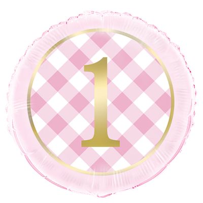Unique Foil 45cm Gingham 1st Birthday Pink