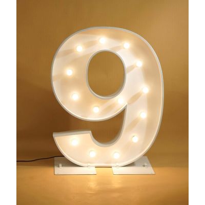 1.2m White Metal LED Bulb Marquee Number 9 (Warm White)