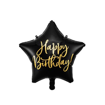 Party Deco Foil Glossy Star Happy Birthday Cursive Black with Gold 40cm