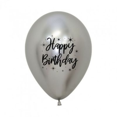 DTX (Sempertex) Printed Latex 50/30cm Happy Birthday Radiant Reflex Silver (2 side print)