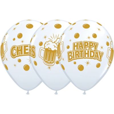 Qualatex Printed Latex 25/28cm (11") White Bday Cheers Brew