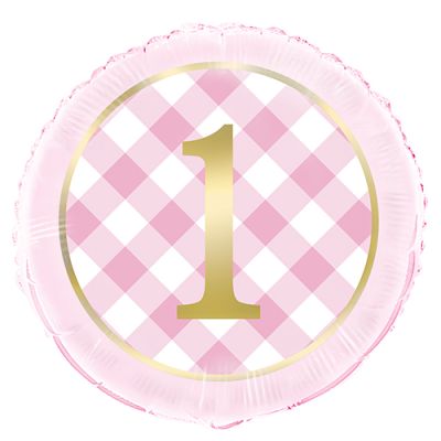 Unique Foil 45cm Gingham 1st Birthday Pink