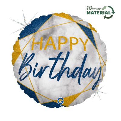 Grabo Foil Round 45cm (18") Blue Marble Happy Birthday
