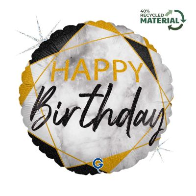 Grabo Foil Round 45cm (18") Black Marble Happy Birthday